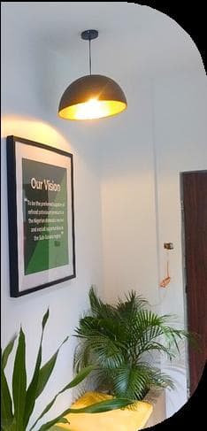 Office corridor with vision statement display wall